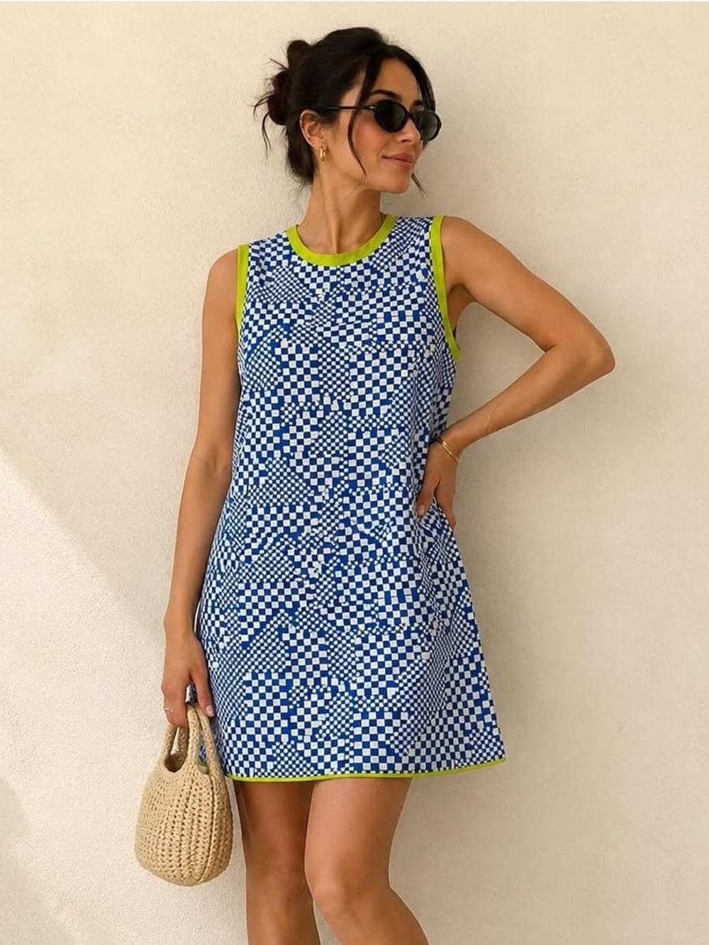 Zara Pop Art 60s Retro Blue Square Neon Green Mini Dress Medium